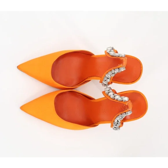 Aminah Abdul Jillil Soleil Women Slingback Rhinestone Stillet Orange Satin Sz 6M